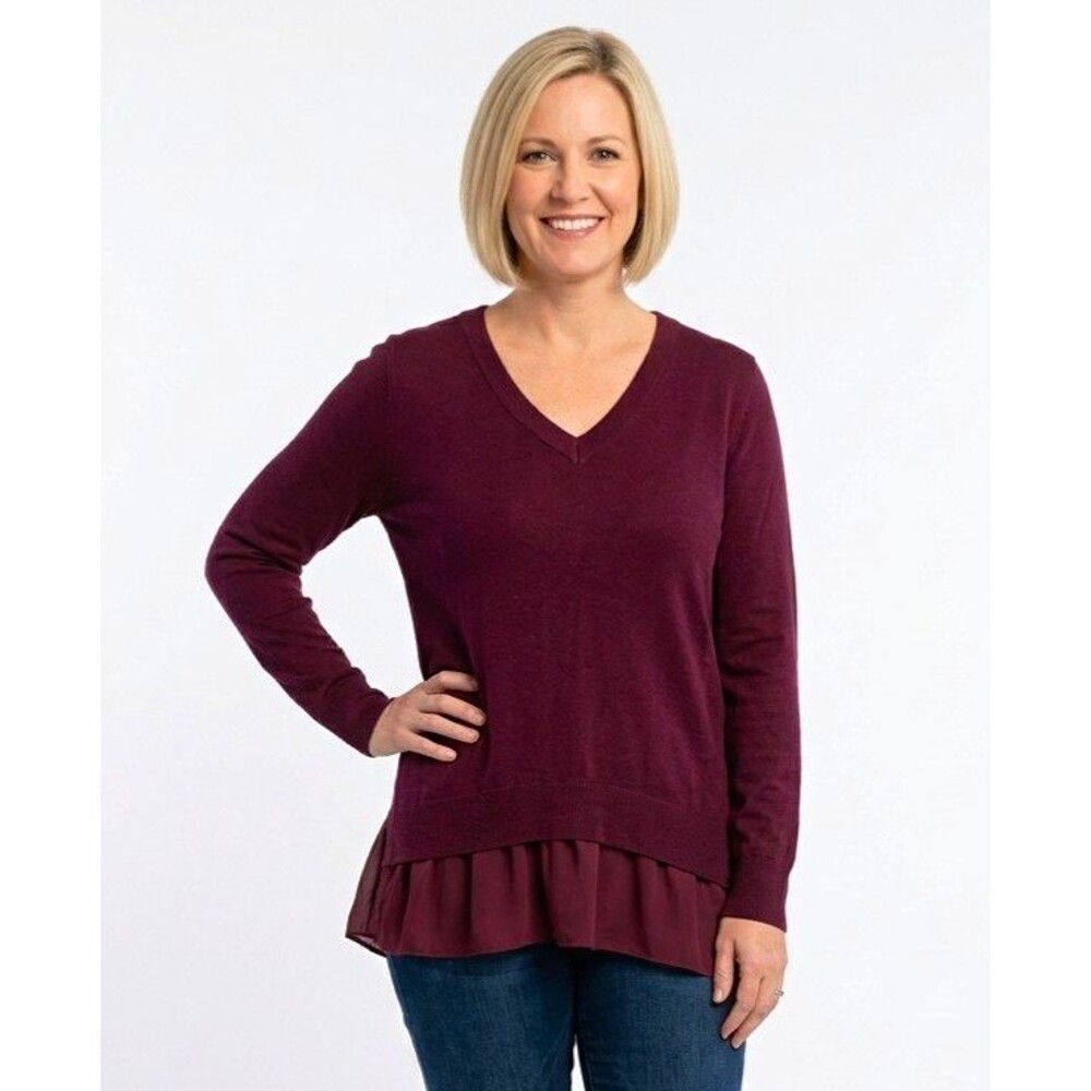 Torrid Sweater 1X Maroon V-Neck Pullover Knit Long Slv chiffon Ruffle Hem Boho